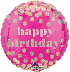 18" Happy Birthday Pink Dots Holographic Balloon