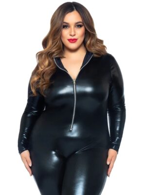 Wet Look Cat Suit Black Plus Size