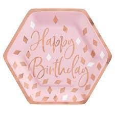 7" Blush Happy Birthday Hexagon Metallic Plates 8CT