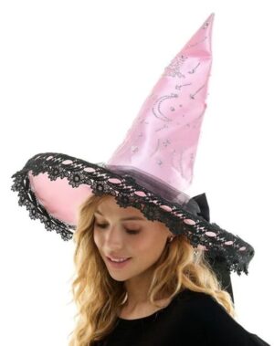Pink Satin Witch Hat W/ Rhinestones