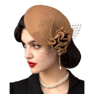 Vintage Brown Felt Fascinator W/ Floral And Netting